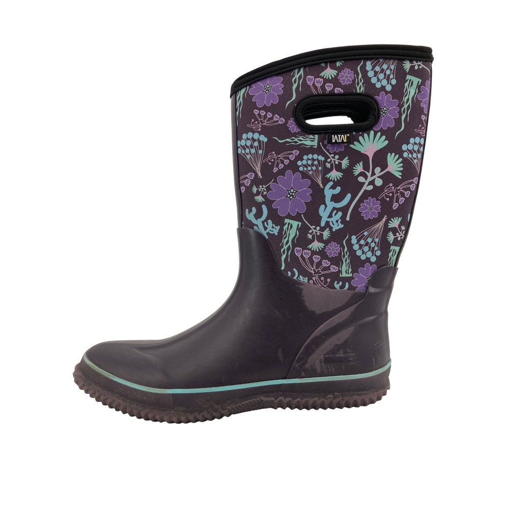 Western Chief Rain Boots Women 9 Purple Good Floral Neoprene Waterproof Handle
